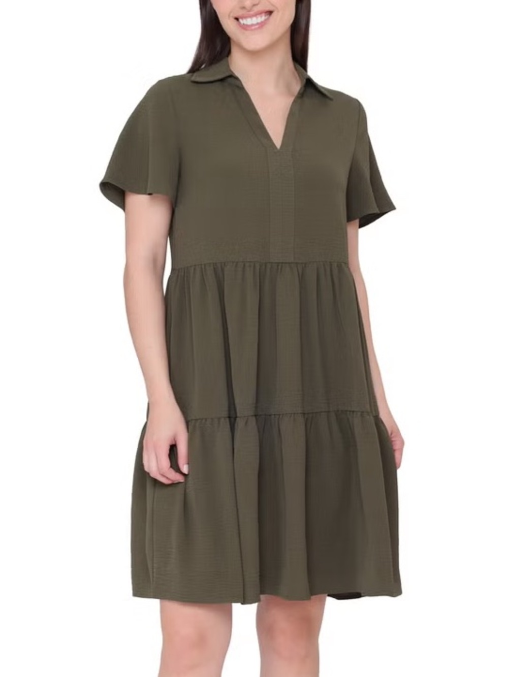 Tahari Women’s Short Sleeve Tiered Dress Olive Khaki Green XL Pullover